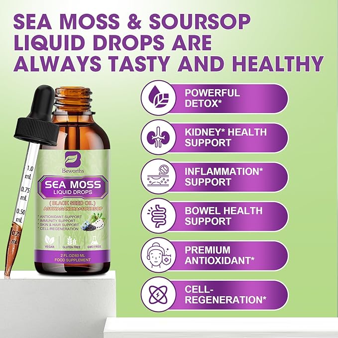 Sea Moss Liquid Drop - Black Seed Oil & Irish Sea Moss Gel with Ashwagandha, Soursop Bitters, Burdock Root, Bladderwrack, Elderberry, 6X Stronger Seamoss Supplment for Immune, Gut Health, Hair Support