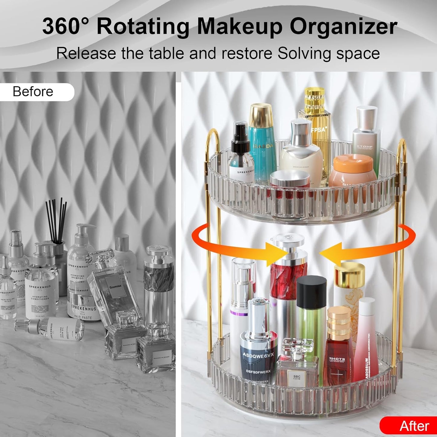 GTI 360°Rotating Makeup Organizer, 2 Tier Bathroom Counter Organizer,Large Capacity Perfume Cosmetics Skincare Vanity Organizers, Dresser Spinning Countertop Organizer and Storage for Women (Grey)