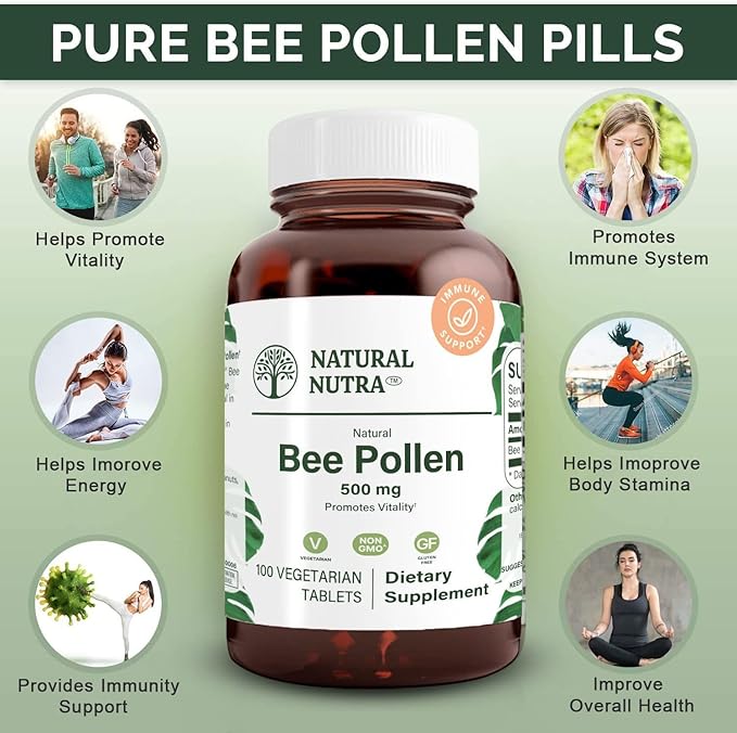 Natural Nutra Bee Pollen 500 mg, Gluten-Free Vegetarian Supplement, Helps Promotes Vitality, Energy Boost, Skin Health, Boost Stamina, Nutritional Supplement, 100 Tablets