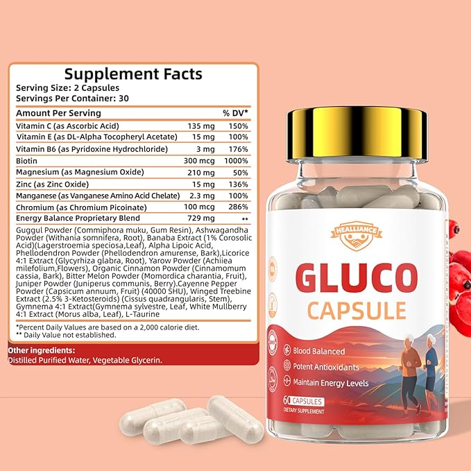 Gluco Blood Balance Capsule - Natural Healthy Glucoplus Supplement Gluco Revive Capsules for Support Metabolism Antioxidants and Maintain Energy with Berberine Bitter Melon Cinnamon (60 Capsules)