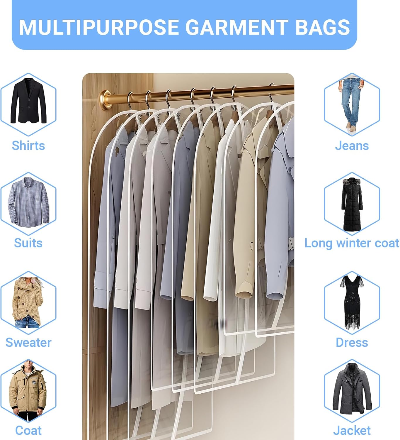 Garment Bags for Hanging Clothes 24'' x 60'' (Set of 12) Coat Covers for Closet Foldable Washable Dress Bags for Hanging Clothes for Long Dress Dance Costumes Suits Gowns Coats