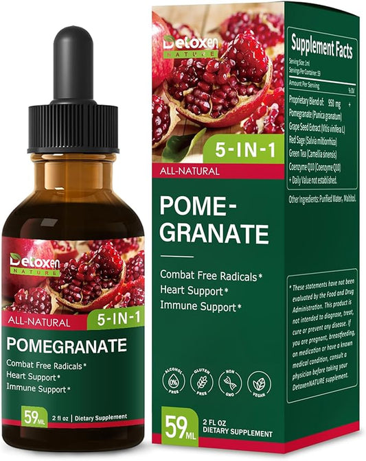 Pomegranate Extract Supplement Drops for Heart and Immune Support, 5-in-1 Fast Absorbing Herbal Supplements with Red Sage Coenzyme Q10 Green Tea. 2 oz