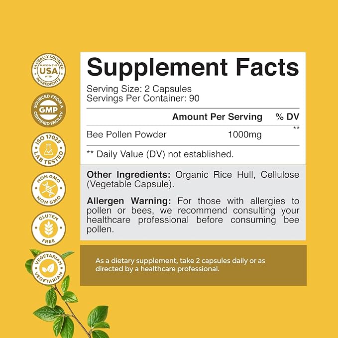 Bee Pollen Pills for Breast Growth 180 Ct - Bee Pollen Supplement 1000mg Serving with Naturally Occurring B Vitamins Minerals & Enzymes - Breast Support Supplement - Vegetarian, Non-GMO & Gluten Free