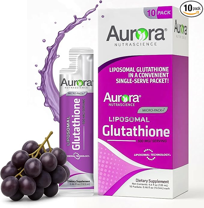 Aurora Nutrascience Micro-Liposomal Liquid Glutathione, Immune & Antioxidant Gut Health Support Supplement, 500 mg per Serving, Gluten Free, Non-GMO, Sugar-Free, 10 Single-Serve Packets