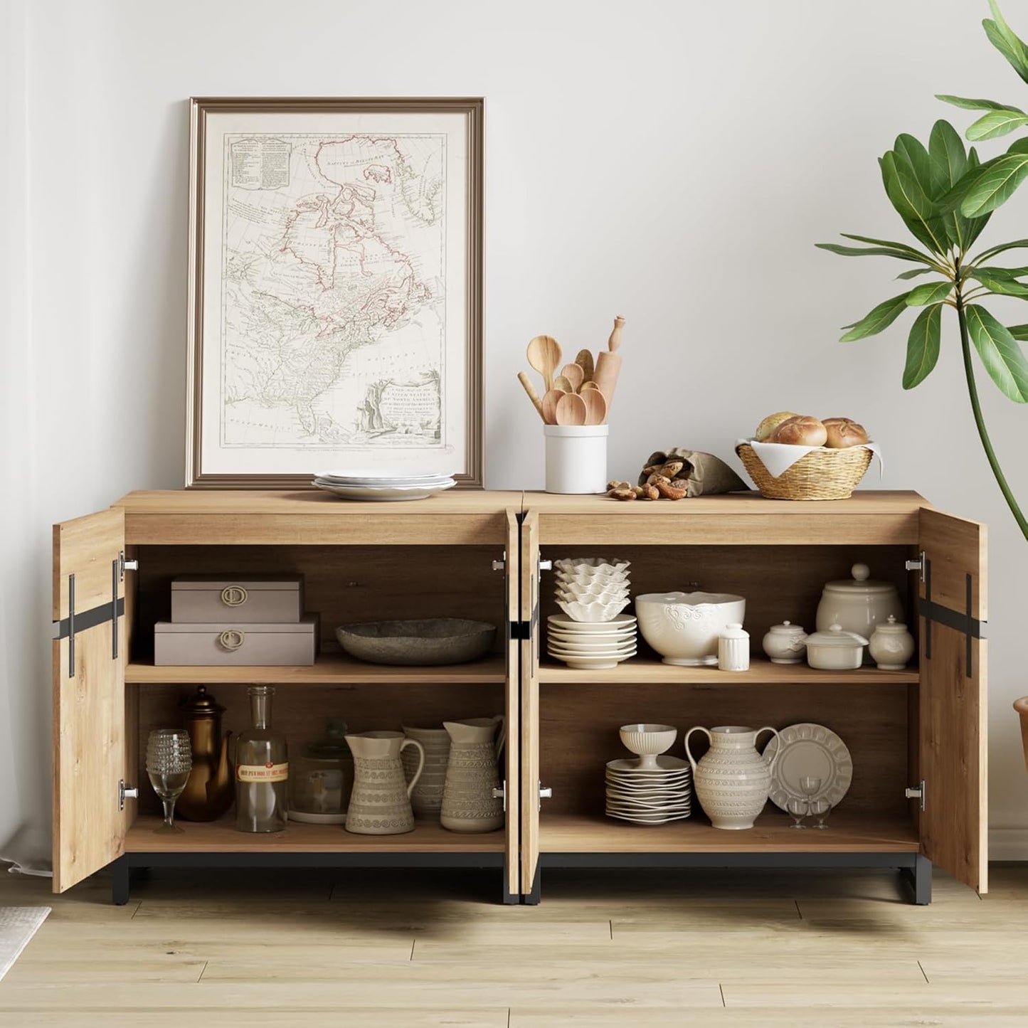 WAMPAT Modern TV Stand with 3 Tiers Bookshelf, Farmhouse Entertainment Center with 4 Large Storage Cabinets and Adjustable Shelf, Wooden Media TV Console with Black Metal Leg for Living Room, Oak