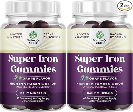 Extra Strength Iron Gummies for Women and Men - Potent 45mg per Serving Chewable Iron Supplement for Women & Men with Vitamin C Higher Absorption - Vegan Daily Gummy Adults (60 Servings)