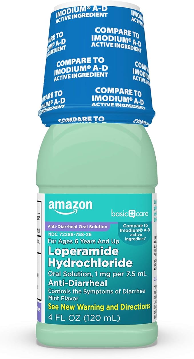 Amazon Basic Care Loperamide Hydrochloride Oral Solution, 1 mg per 7.5 mL, Mint Flavor, Anti-Diarrheal Medicine for Ages 6 Years and up, 4 fl oz (Pack of 1)