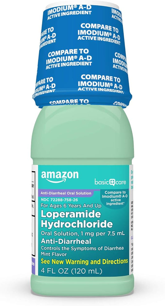 Amazon Basic Care Loperamide Hydrochloride Oral Solution, 1 mg per 7.5 mL, Mint Flavor, Anti-Diarrheal Medicine for Ages 6 Years and up, 4 fl oz (Pack of 1)