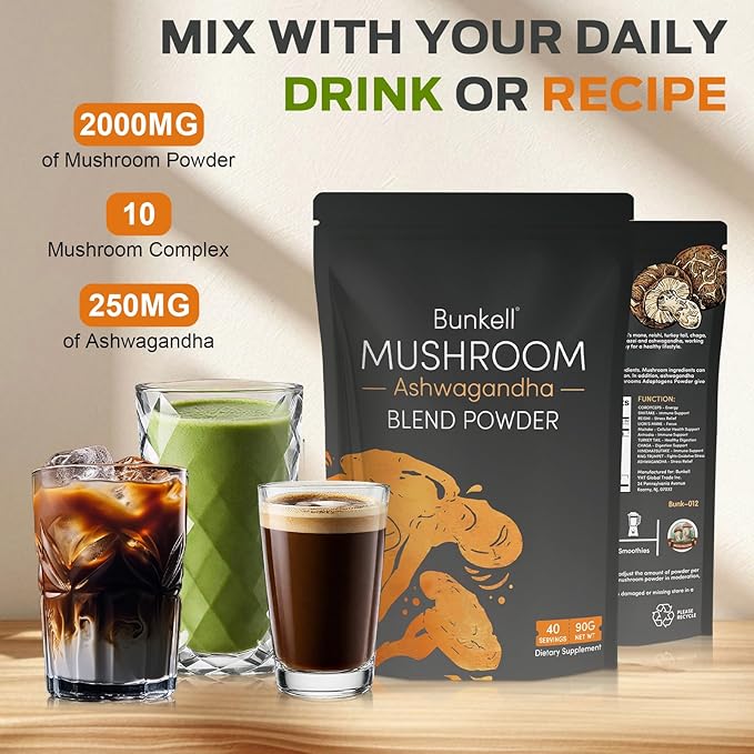 Ashwagandha Mushroom Powder, Adaptogenic 10 Mushrooms Complex w/ashwagandha - Lion's Mane, Reishi, Chaga & Maitake - Adaptogens Powder for Energy, Cognitive & Immune Support, 40 Servings