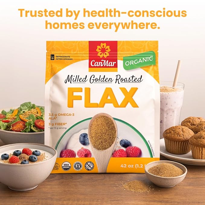 CanMar Ground Milled Golden Roasted Organic Flaxseed, 42 oz – Vegan, Non-GMO, Gluten Free – Flaxseed Meal with Omega-3, Fiber – Ground Organic Linseed Powder