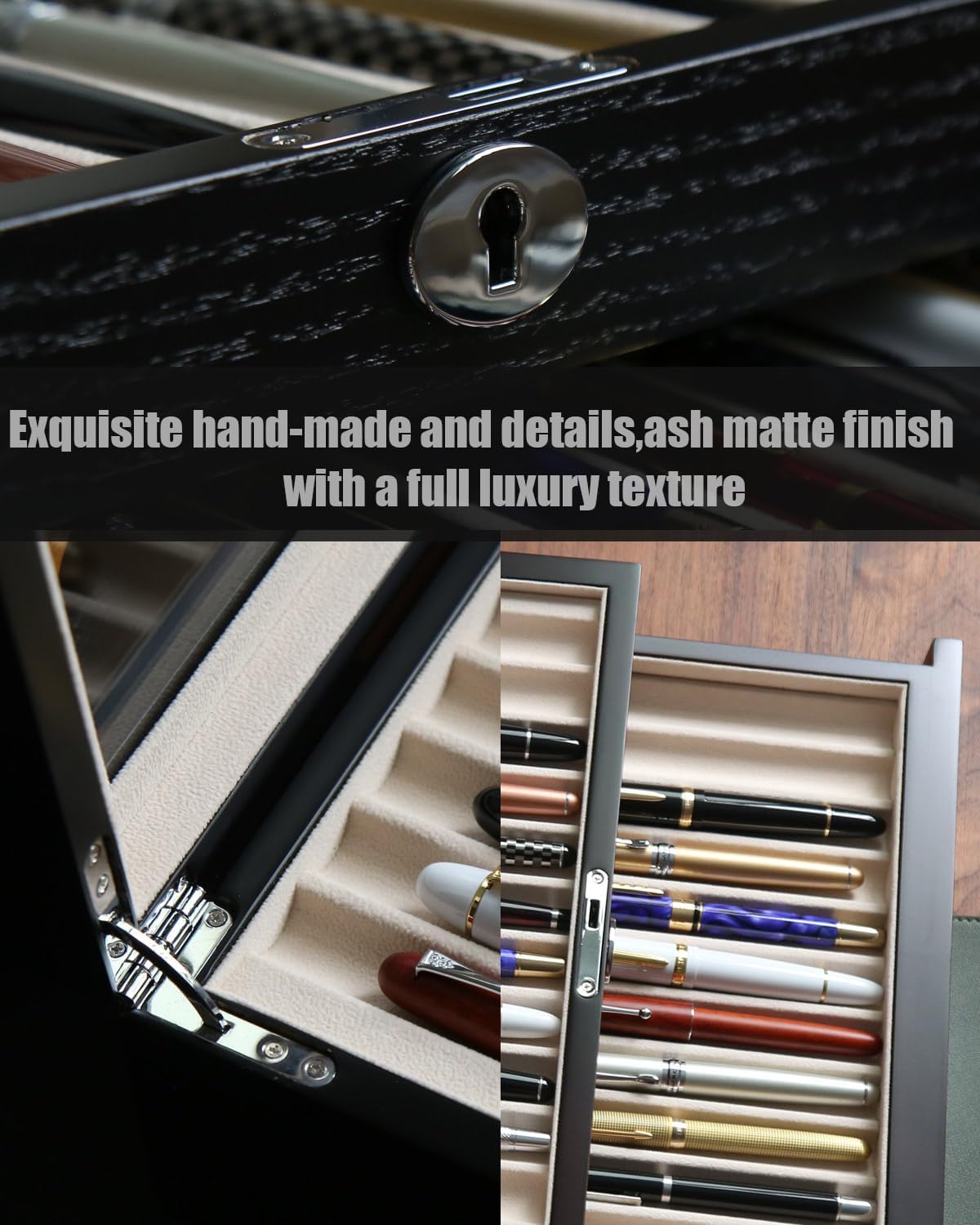 wood pen display case 36 slot Fountain pen Box storage Organizer with drawer, Top Glass Window Pen Collection Display Case