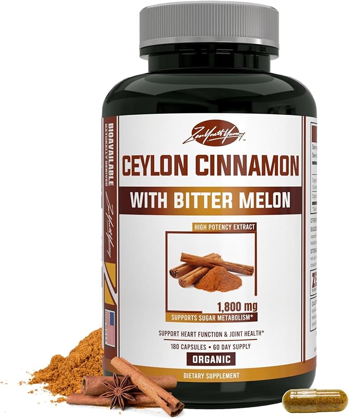zyy Organic Ceylon Cinnamon Supplements with Bitter Melon 1830mg | Non-GMO Gluten-Free | Certified Organic Ceylon Cinnamon Powder Pills | Supports Blood Sugar & Heart Health | Antioxidant-180ct