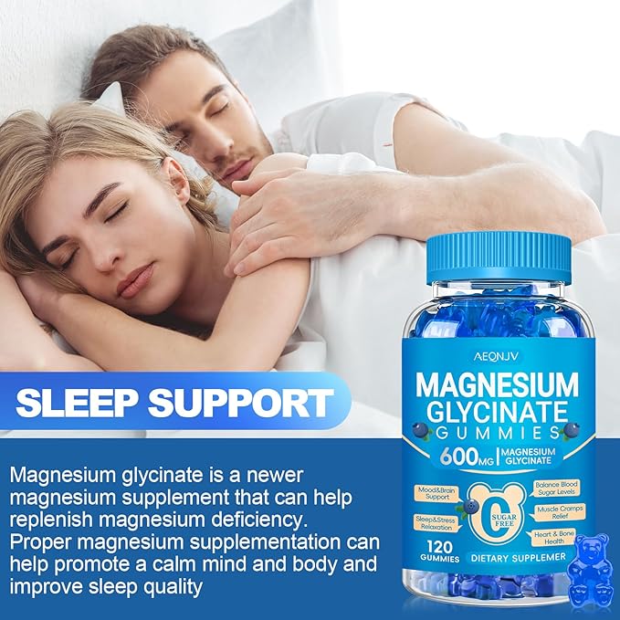 Magnesium Glycinate Gummies 600mg, Chewable Sugar Free Potassium Magnesium Gummies for Sleep, Body Support and Relaxation, Magnesium Supplements with Vitamin D, B6, and CoQ10 for Men & Women
