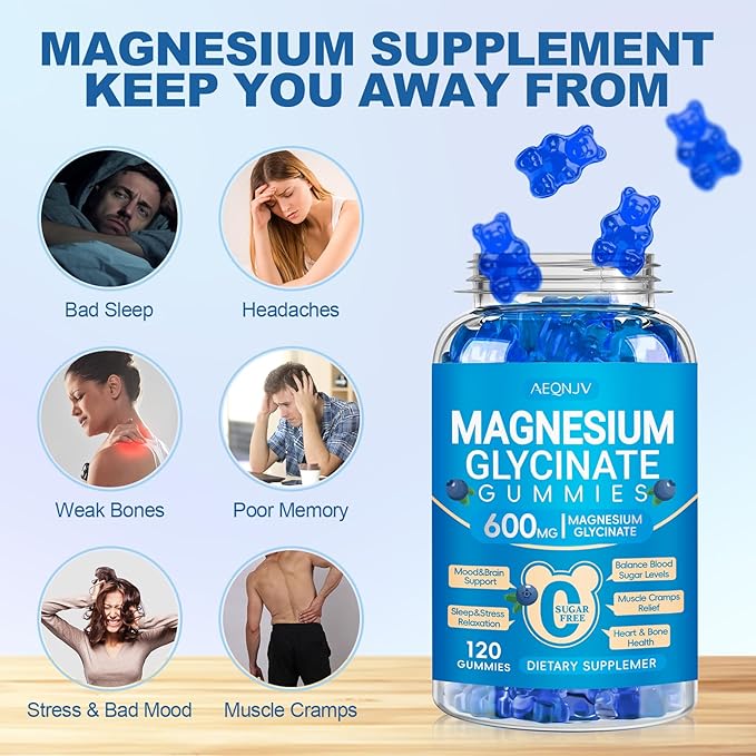 Magnesium Glycinate Gummies 600mg, Chewable Sugar Free Potassium Magnesium Gummies for Sleep, Body Support and Relaxation, Magnesium Supplements with Vitamin D, B6, and CoQ10 for Men & Women