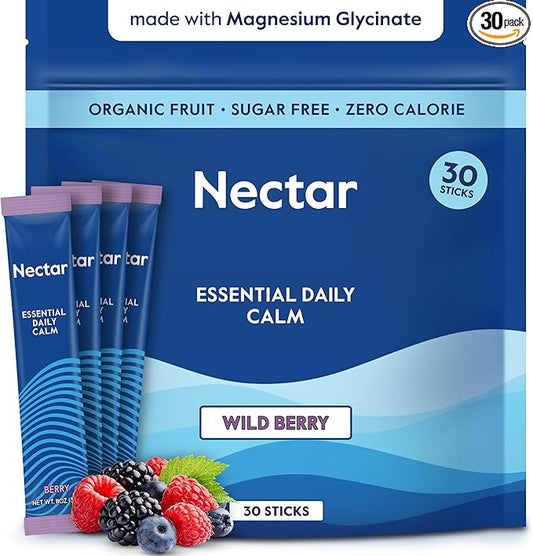 Nectar Calm Magnesium Glycinate Drink Mix - Sugar Free & Zero Calorie - with Organic Ashwagandha, Vitamin D, L-Theanine, Hydrating Electrolytes - Relax, Focus & Calm - Non-GMO (Berry 30 Sticks)