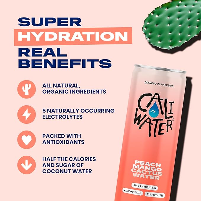 Caliwater - Organic Cactus Water - Peach Mango - 6g Sugar, 30 Calories - Coconut Water Alternative - Natural Plant Based Hydration - Skin Care, Electrolyte Drinks - Flavored Water - 12 Cans