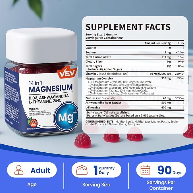 VEV Magnesium Complex DeepCalm 14-in-1 Gummies – with Ashwagandha, L-Theanine, D3 & Zinc – Cortisol Supplements for Women – 90 Sugar-Free Vegan Magnesium Glycinate Complex Gummies