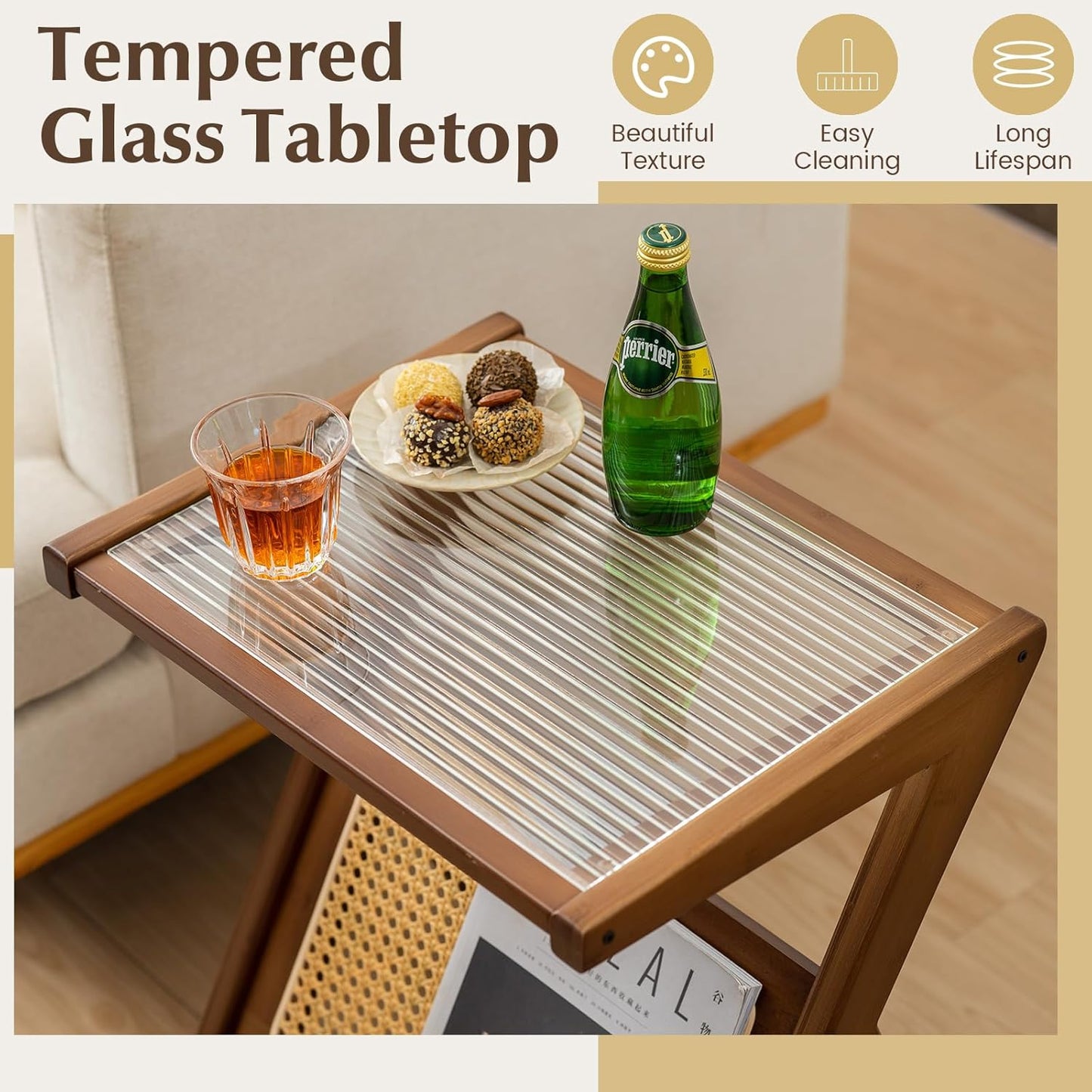 Giantex Rattan Side Table, Boho Nightstand with Glass Top & Magazine Rack, End Table with Storage, Bamboo Bedside Table for Small Space Living Room Bedroom (2, Walnut)