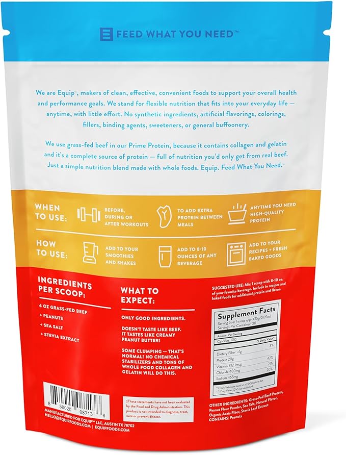 Equip Foods Prime Protein Powder | Clean, Grass Fed Beef Protein Isolate | Carnivore Protein Powder | Paleo, Keto Friendly | Gluten, Dairy Free | 30 Servings, Peanut Butter