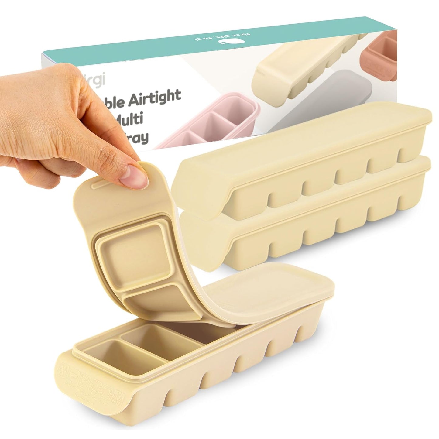 Silicone Ice Cube Freezer Tray with Lid, 100% Food-Grade Platinum Silicone,Leak Resistance & Dishwasher Safe for Baby Food Prep,Breast Milk,Purees - Korean Made (Beige 2-Pack 1 oz/6 Sections)