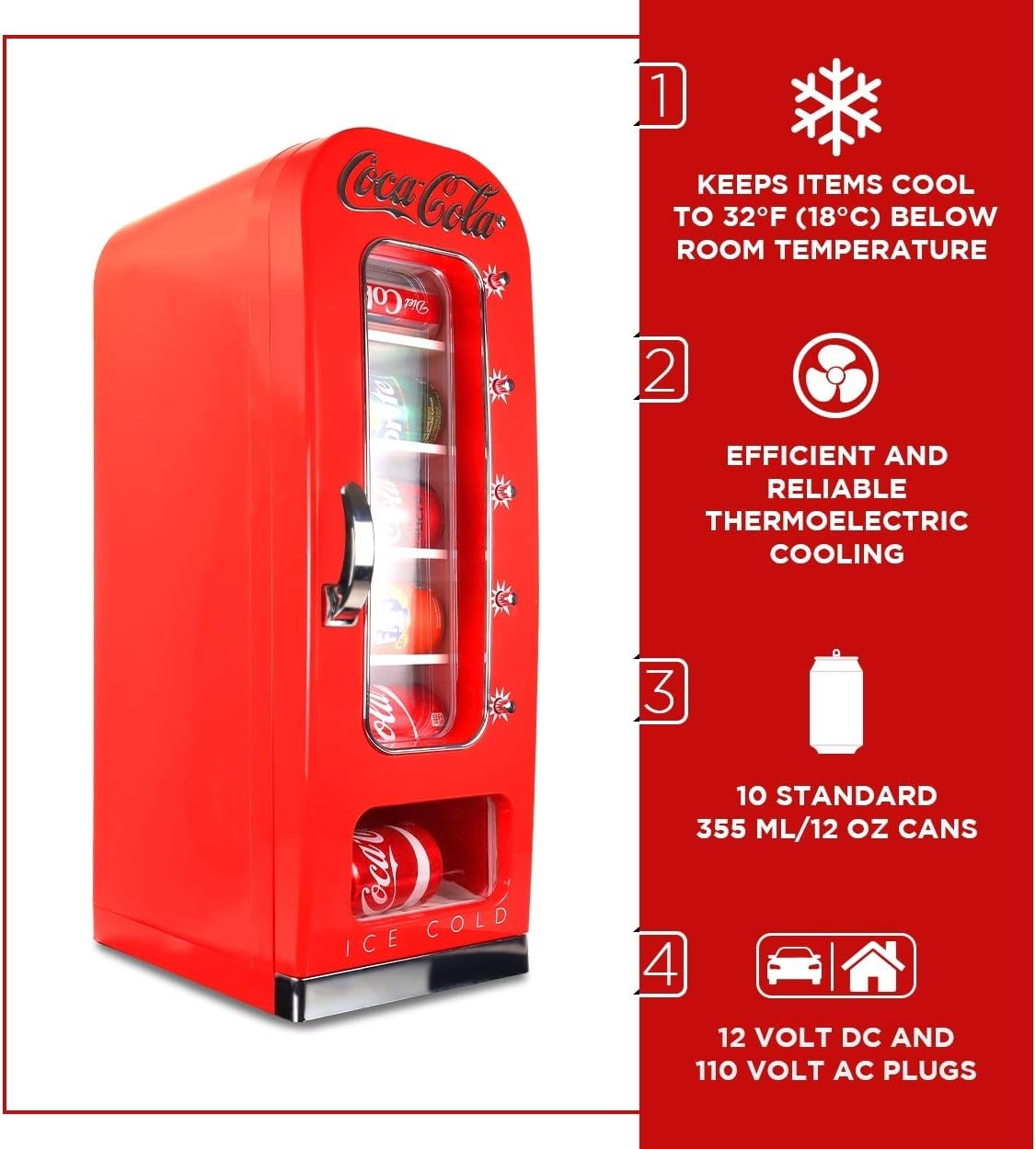 Coca Cola Mini Fridge - 10 Can Refrigerator for Bedroom Skincare Office, Portable Table Top Beverage Cooler, 12V 110V Refrigerador For Drinks, Soda, Wines, Use In Car, Dorm, Outdoor