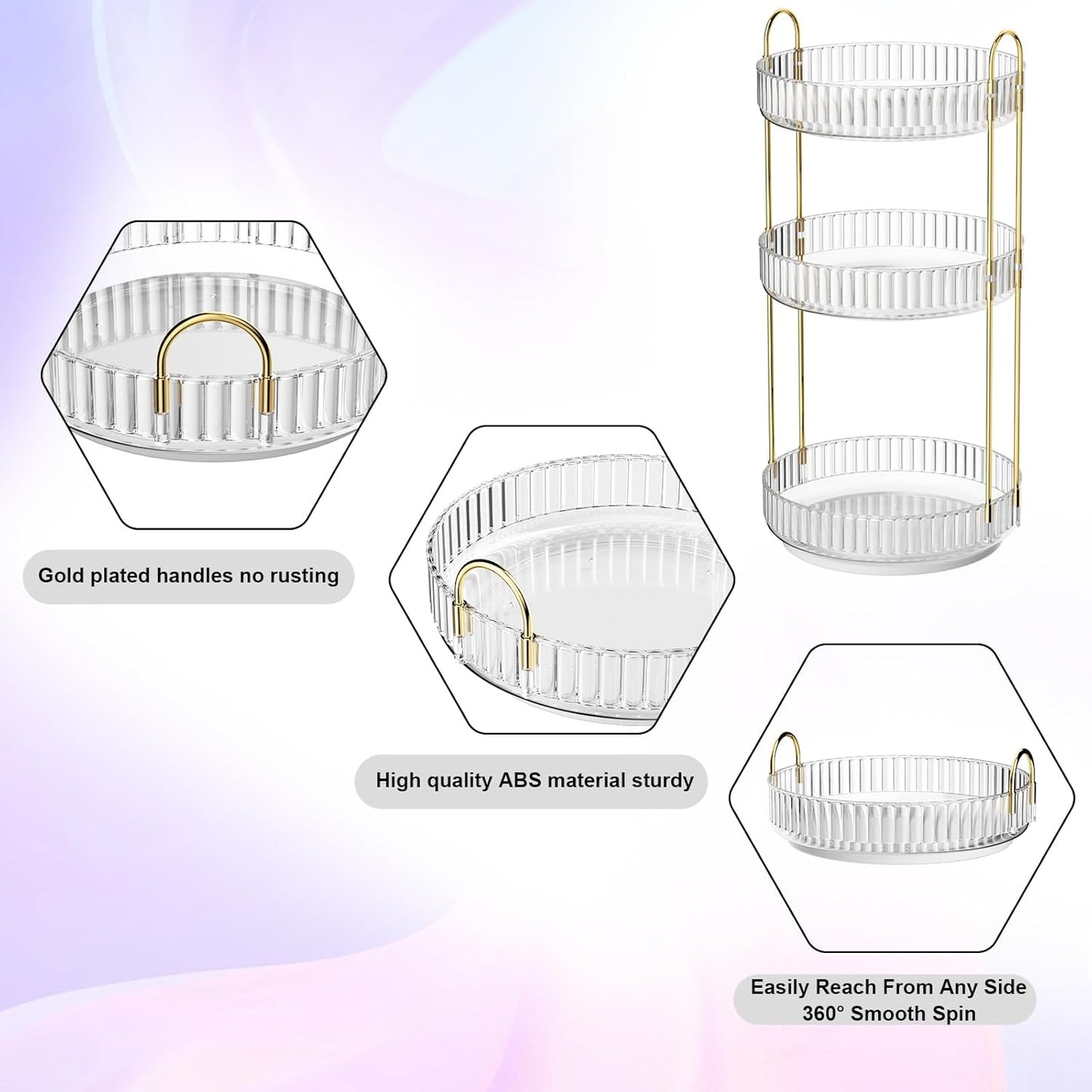 GTI 360°Rotating Makeup Organizer, 3 Tier Large Capacity Perfume Cosmetics Skincare Vanity Organizers,Bathroom Counter Organizer, Dresser Spinning Countertop Organizer and Storage for Women (Clear)