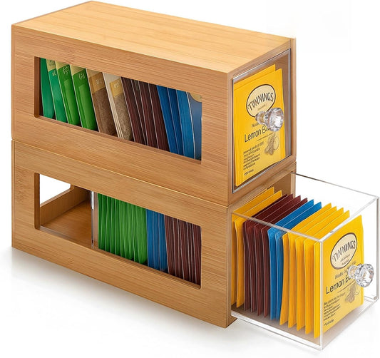 2 Pcs Bamboo Tea Bag Organizer Drawer Stackable Tea Bag Holder and Organizers, Wooden Storage Containers with Acrylic Drawer, Well-Organized for Office Kitchen Countertop Cabinet Pantry