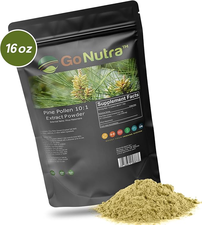 Go Nutra - Pine Pollen Powder, Potent 10:1 Pine Pollen Powder from Masson Pine Trees, Pure Powdered Pine Pollen for Tea, Coffee, Juice, Smoothies, and More, Non-GMO, Vegan, 1 lb