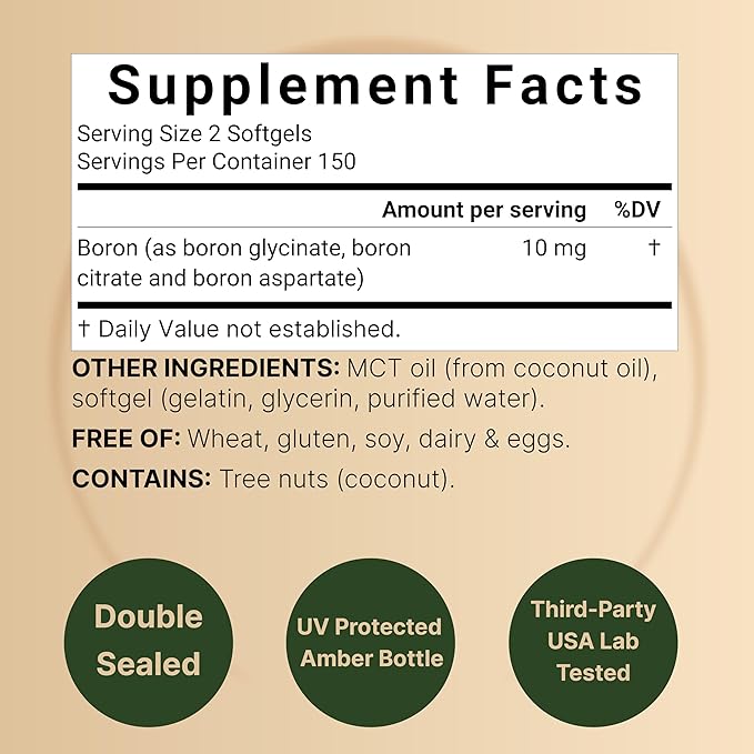 Boron 10mg, 300 Softgels with MCT Oil | High Absorption | Triple Action Boron Supplement for Men & Women | Glycinate, Citrate, & Aspartate Complex | Trace Minerals for Hormone, Bone, & Joint Support