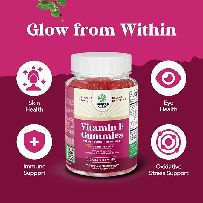 Natures Craft Vitamin E Gummies for Skin Care - High-Potency Vitamin E 400 IU Skin Supplement - Delicious & Easy-to-Take Supplement Promote Health Immune Support & Cellular Protection (2 Months)