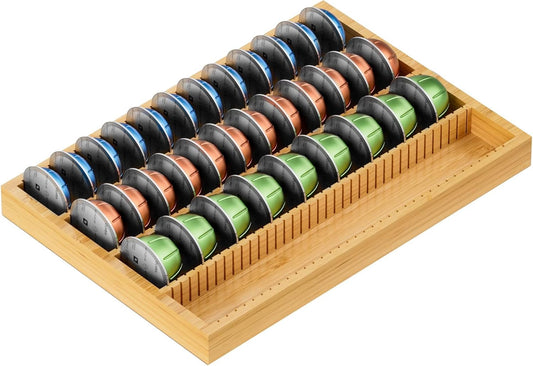 MinBoo Bamboo Coffee Pod Storage Holder Drawer Insert for Counter Compatible Nespresso Vertuo Vertuoline Capsules for Kitchen, Home, Office, Coffee Station