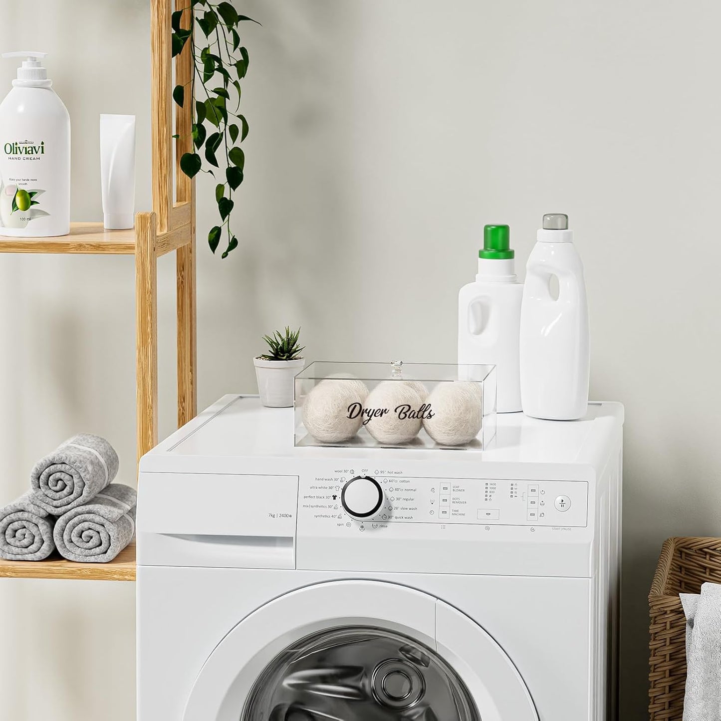 Dryer Ball Holder for Laundry Room ,Acrylic Dishwasher Pods Container with Lid,Dryer Balls Dispenser,Laundry Room Organization and storage Box for Laundry Pods,Clips,Dryer Balls and Sheets (No Balls)