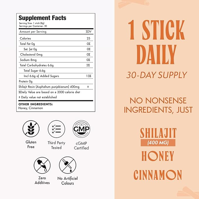 Pure Himalayan Shilajit for Men with Honey - Cinnamon, On-The-Go Energy Sticks & Immune Support for Women | 75%+ Fulvic Acid | 85+ Trace Minerals, 100% Natural, Pack of 30