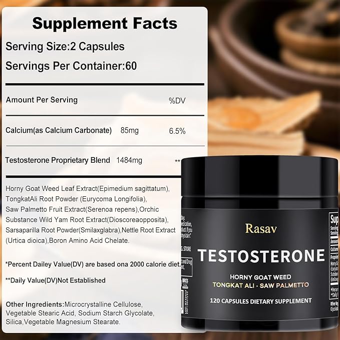 Rasav Horny Goat Weed and Tongkat Ali Supplement for Men, Testosterone Booster Supplement for Men, Male Enhancing Supplements, Supports Muscle Growth, Strength, Energy and Stamina, 120 Capsules