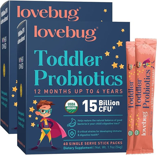 LOVEBUG Award Winning Probiotics | Constipation & Stomach Discomfort | Softer Bowel Movements | Easy-to-Take Powder | Ages 12 Months to 4 Years | 60 Packets