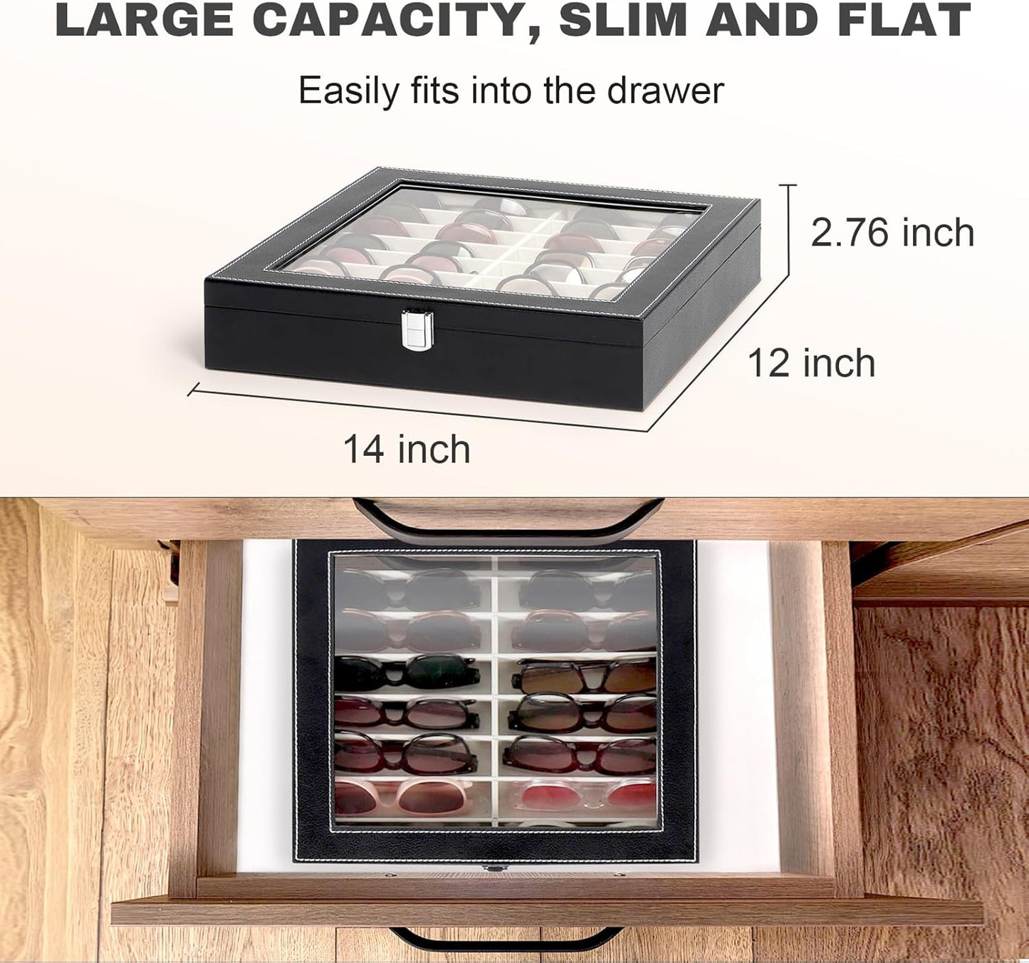 Sunglasses Organizer Case with Adjustable Slots, Eyeglasses Display with Lid, Eyewear Storage Box for Large Glasses