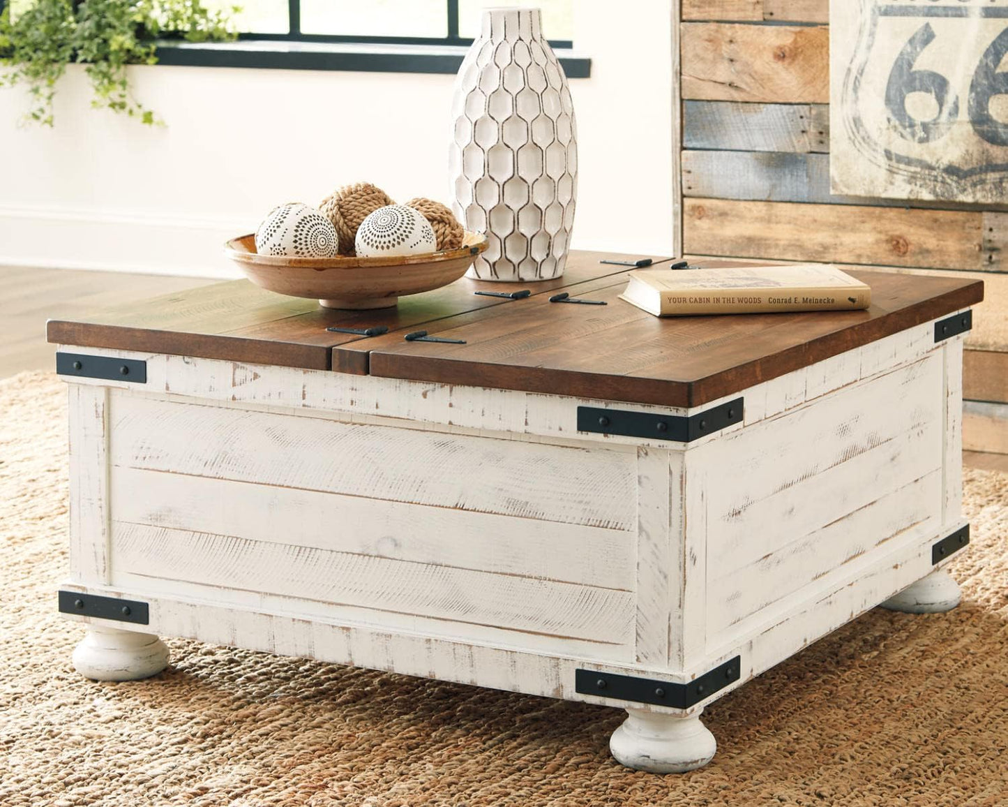 Signature Design by Ashley Wystfield Farmhouse Coffee Table with Storage, Hinged Lift Top, Wood, 36" W x 36" D x 18" H, Distressed White