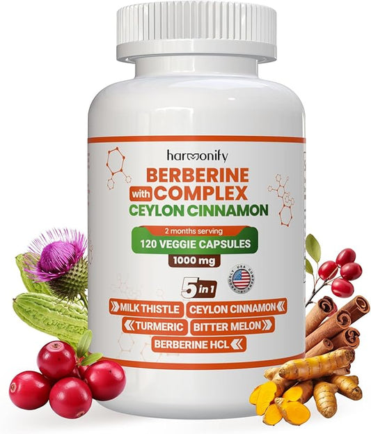 Berberine Supplement with Ceylon Cinnamon, Milk Thistle, Turmeric, Bitter Melon Complex, Immune Supports, 120 Capsules, 1000 mg, Vegan, Non-GMO