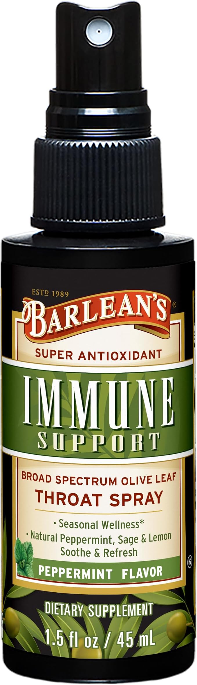 Barlean's Olive Leaf Complex Throat Spray, Immune Support Supplement with Peppermint, Lemon, and Sage for Itchy Throat Relief, Liquid Blended Extract, 1.5 oz