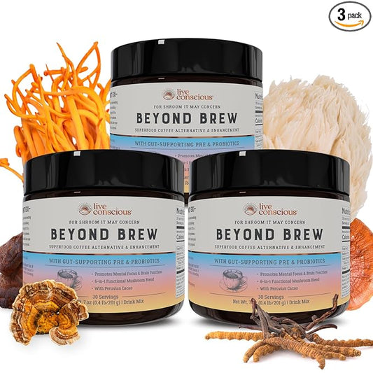 Live Conscious Beyond Brew - Superfood Coffee Alternative - Low Caffeine - Powerful Mushroom Complex - Lion’s Mane, Reishi, Cordyceps & Chaga for Sustained Focus, Energy & Immunity - Prebiotics & Probiotics Supports Gut Health - 30 Servings (3-Pack)