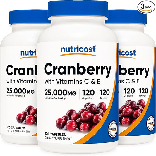 Nutricost Cranberry Extract 25,000mg (120 Servings) 3 Bottles with Vitamin C & E