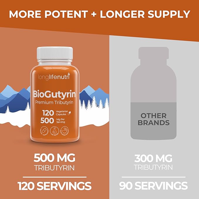 BioGutyrin – Tributyrin 500mg, Postbiotic Supplement for Gut Function & Nutrient Absorption, 120 Vegetarian Capsules, Butyric Acid for Butyrate Production, 4-Month Supply, GMP Certified, Made in USA