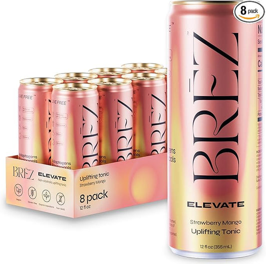 BRĒZ ELEVATE Cordyceps Mushroom Drink, Non-Infused Uplifting Tonic with Cordyceps, Guayusa, Maca & Ginseng, Vegan Adaptogen Drink for Focus, Drive & Mental Clarity, Strawberry Mango, 12 fl oz, 8 Pack