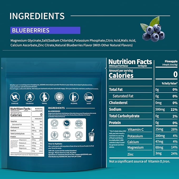 Electrolytes Powder Packets, 30 Sticks Hydration Packets Sugar Free, Electrolyte Drink Mix Portable Electrolyte Packets for Rapid Hydration, 0 Sugar & 0 Calorie, Blueberry Flavor