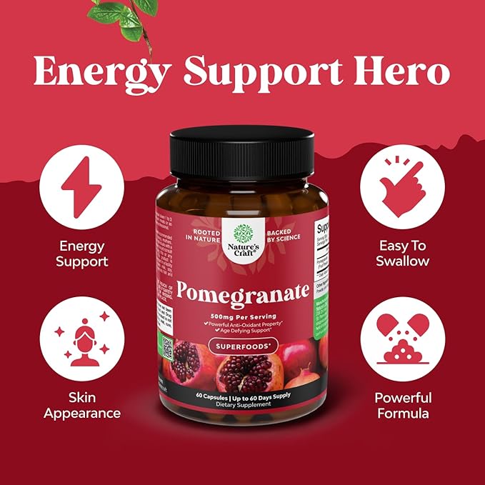 Pomegranate Extract Capsules Antioxidant Supplement - Natural Pomegranate Capsules for Heart Health Joint Support and Pre Workout for Men and Women - Nitric Oxide Supplement with Brain Health Vitamins
