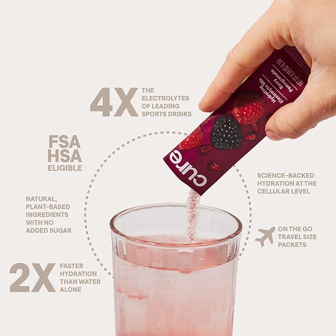 Cure Hydration | Plant-Based Electrolyte Drink Mix | No Added Sugar | Dehydration Relief Powder Made with Coconut Water | Non-GMO | Vegan | Pouch of 14 Packets - Berry Pomegranate