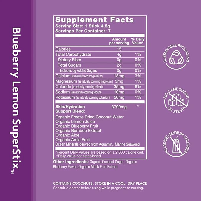 Sol-ti Organic Electrolyte Skin + Hydration Drink Mix, Superfood Hydration Sticks, SuperStix, Non-GMO, Vegan, Blueberry Lemon, 14 Single-Serving Sticks
