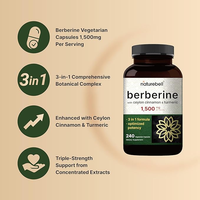 Berberine Supplement 1500mg with 1000mg Ceylon Cinnamon & 300mg Turmeric, 240 Veggie Capsules | 97% Pure Berberine HCL | Supports Balanced Sugar Levels & Heart Health | Vegan, Non-GMO