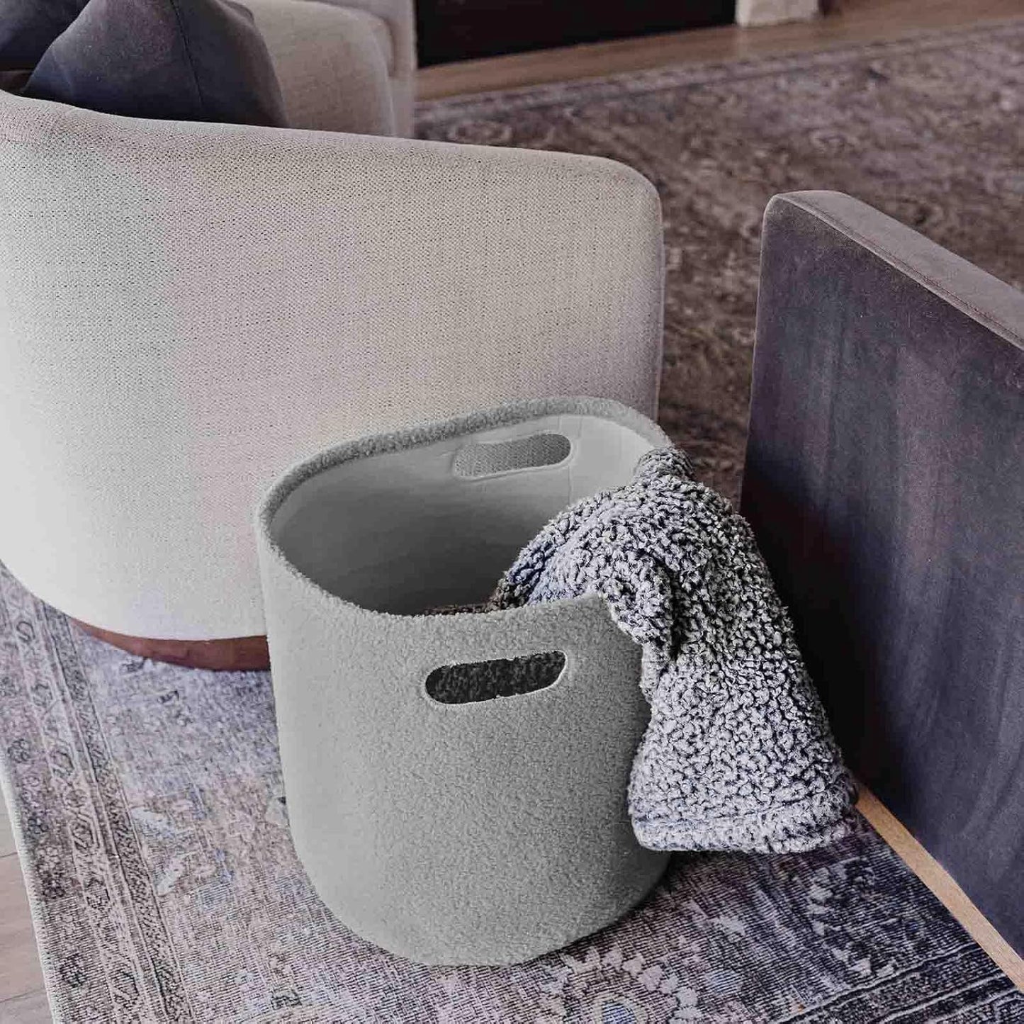 PUTSKA Basket – Round Storage for Toys, Clothes, Stuffed Animals – Soft Baby Girl Basket for Nursery, Kids Room, Bedroom, Living Room – Large, Grey