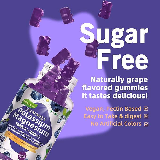 Potassium Magnesium Gummies,High Absorption Magnesium Glycinate,B6,D3,Potassium Citrate for Leg Cramps,Muscle,Electroyte for Adults Kids,Sugar-Free, 60 Gummies (Blueberry Flavor)
